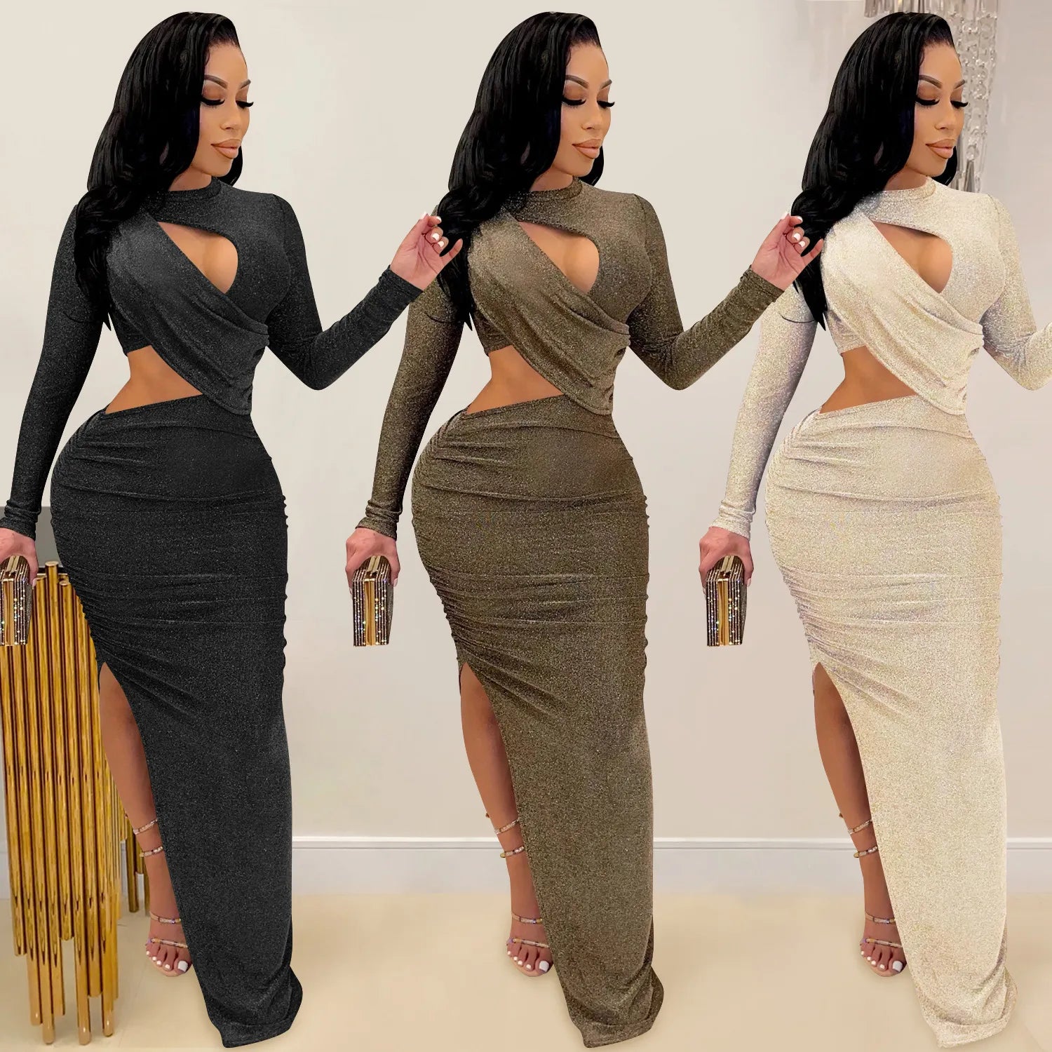 Elegant Glitter Solid Ruched Long Women Dress Sexy Cut Out O Neck Long Sleeve High Slit Evening Club Party Dress Robe Christmas