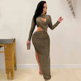 Elegant Glitter Solid Ruched Long Women Dress Sexy Cut Out O Neck Long Sleeve High Slit Evening Club Party Dress Robe Christmas