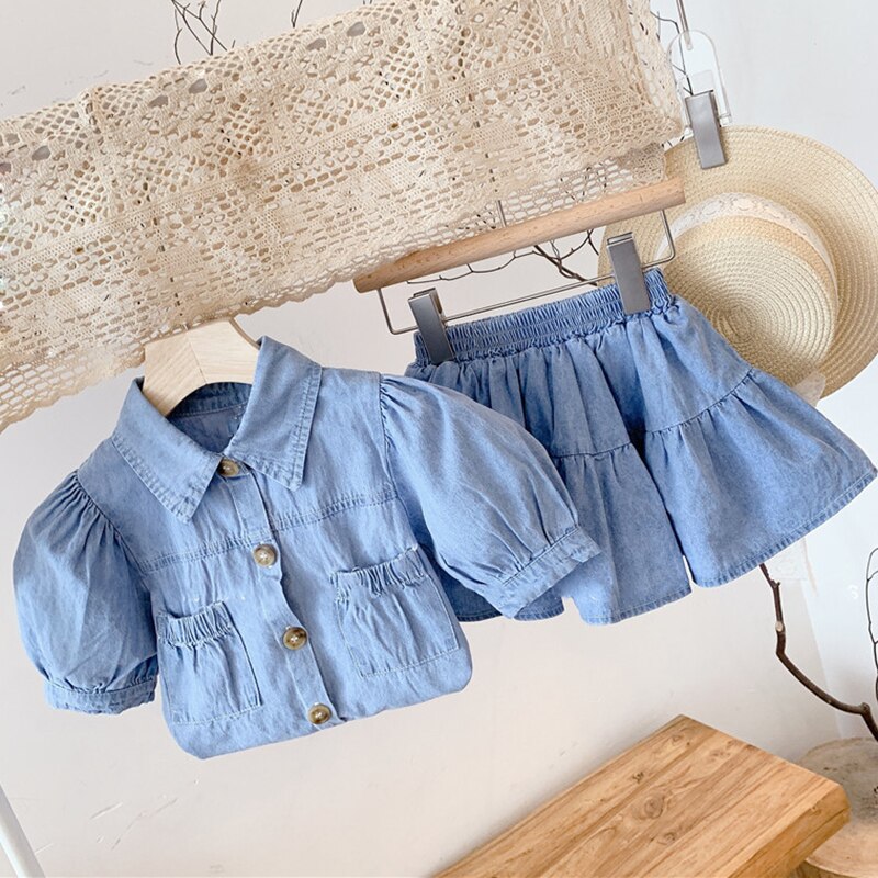 Girls Clothes Set New Fashion Summer Puff- Sleeve Top +Denim Skirt 2Pcs Sweet Toddler Kids Clothes