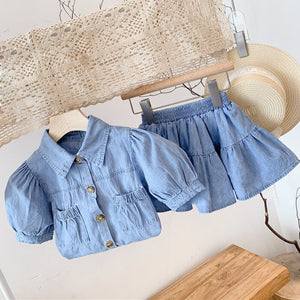 Girls Clothes Set New Fashion Summer Puff- Sleeve Top +Denim Skirt 2Pcs Sweet Toddler Kids Clothes