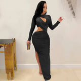 Elegant Glitter Solid Ruched Long Women Dress Sexy Cut Out O Neck Long Sleeve High Slit Evening Club Party Dress Robe Christmas