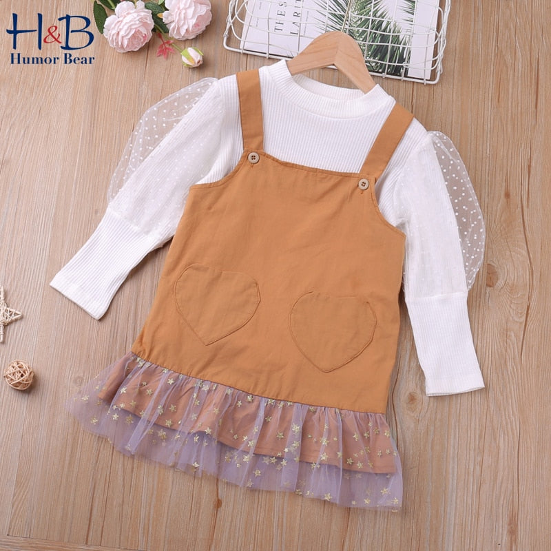 Girls Clothing Sets Autumn Puff-Sleeve Top+ Sling Mesh Patchwork Dress 2Pcs Casual Toddler Kids Clothes