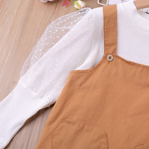 Girls Clothing Sets Autumn Puff-Sleeve Top+ Sling Mesh Patchwork Dress 2Pcs Casual Toddler Kids Clothes