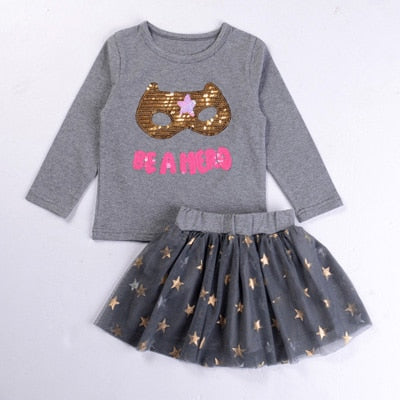 Girl Clothes Sets NEW Autumn Long-Sleeved Letter Top+ Star Mesh Skirt 2PCS Outfits Toddler Clothes