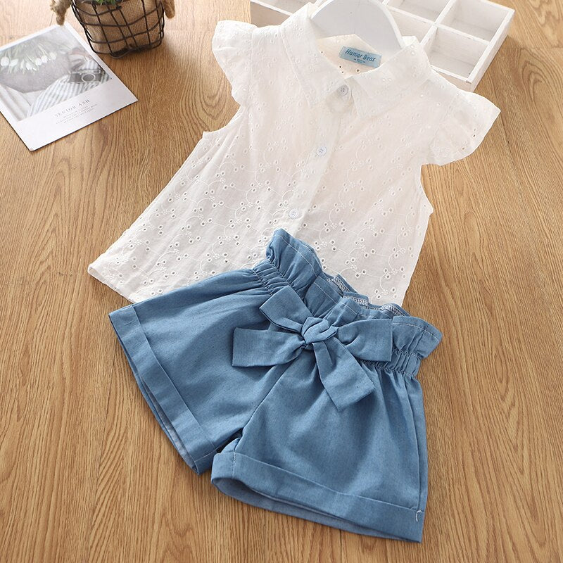 Summer Girls Clothes Sets Fashion Lapel Collar Lace Hollow White Blouses+ Shorts 2Pcs Toddler Kids Clothes