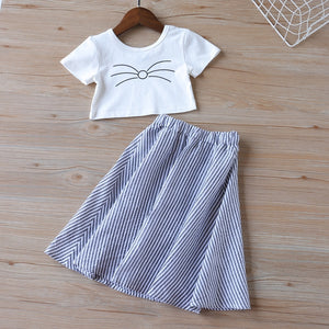 Summer Kids Clothes For Girls 2Pcs Cartoon Short T-Shirt+Stripe Long Skirts Children Toddler Girls Clothing Sets