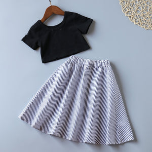 Summer Kids Clothes For Girls 2Pcs Cartoon Short T-Shirt+Stripe Long Skirts Children Toddler Girls Clothing Sets