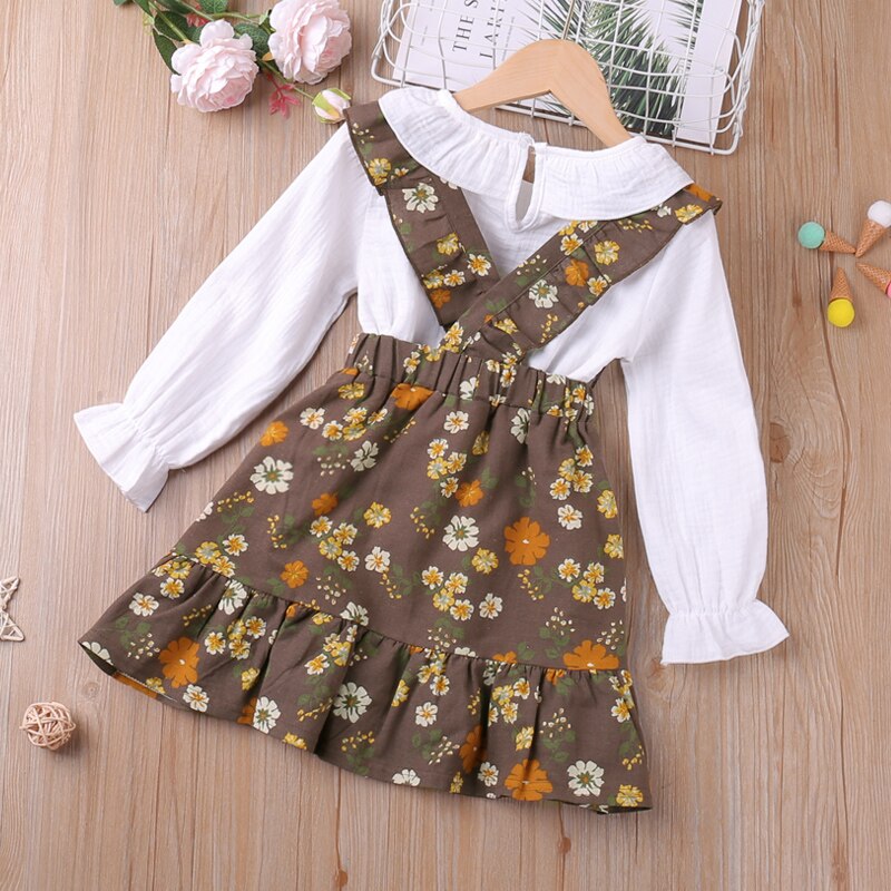 Girl Clothing Set Autumn New Long Sleeve T-Shirt+Suspender Floarl Skirt 2Pcs Casual Toddler Kids Clothes