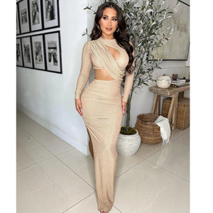 Elegant Glitter Solid Ruched Long Women Dress Sexy Cut Out O Neck Long Sleeve High Slit Evening Club Party Dress Robe Christmas