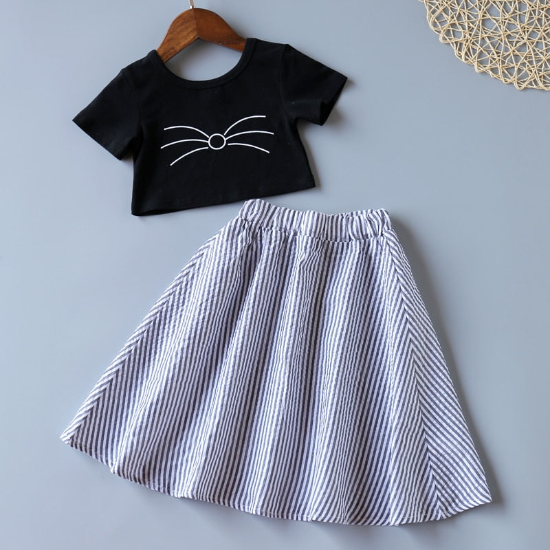 Summer Kids Clothes For Girls 2Pcs Cartoon Short T-Shirt+Stripe Long Skirts Children Toddler Girls Clothing Sets