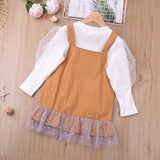 Girls Clothing Sets Autumn Puff-Sleeve Top+ Sling Mesh Patchwork Dress 2Pcs Casual Toddler Kids Clothes