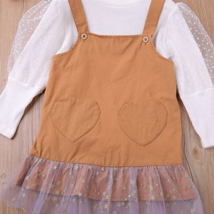 Girls Clothing Sets Autumn Puff-Sleeve Top+ Sling Mesh Patchwork Dress 2Pcs Casual Toddler Kids Clothes