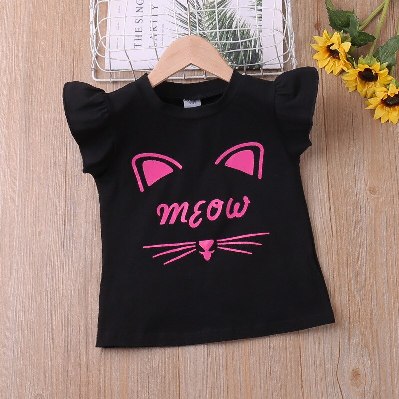 Girls Clothes Set Summer Flying-Sleeve Cartoon Printed T-Shirt + Bow Skirt 2pcs Casual Children Clothes