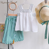 Summer Kid Clothes Girl Set White Sleeveless Top+Plaid Pants 2Pcs Children Clothes Baby Clothes For 2-6Y