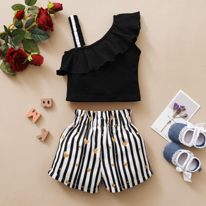 Girls Clothes Set Summer One-Shoulder Top +Striped Shorts 2Pcs Fashion Clothes