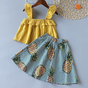 New Girls Clothing Set Summer Sleeveless T-shirt+Striped Fruit Skirt Kids Suit Toddler Cute Kids Clothes