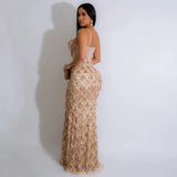 Women Sexy Spaghetti Strap Backless Bodycon Elegant Tassel Sequined Long Dress