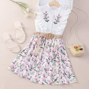 Summer Girl Clothing Sets Embroidered Lace Sleeveless Shirt Top + Floral Skirt 2Pcs Toddler Teenager Outfits