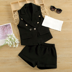 Summer Girl Clothes Set Sleeveless Studded Blazer + Shorts+ Tube Top 3pcs Toddler Casual Kids Clothes 2-6T