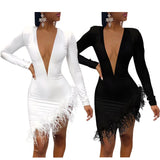 Women Sexy V-neck Dress Feather Stitching Evening Party Nightclub Wear Long Sleeve Spring Fall Lady Bodycon Outfits