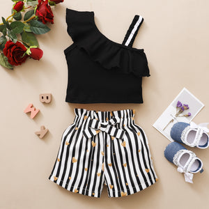 Girls Clothes Set Summer One-Shoulder Top +Striped Shorts 2Pcs Fashion Clothes