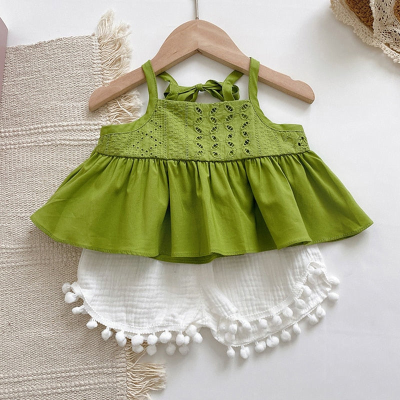 2023 New Summer Suspender Top+Shorts 2Pcs Girl Suit Casual Children Clothes Kid Clothes Baby Girl Clothes