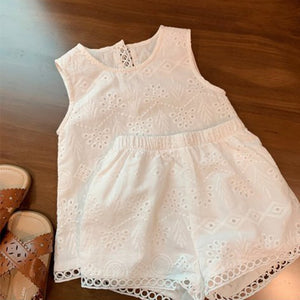 Summer White Sleeveless Top+Embroidered Shorts 2Pcs Kid Clothes Girl Suit Children Set For 2-6Y