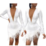 Women Sexy V-neck Dress Feather Stitching Evening Party Nightclub Wear Long Sleeve Spring Fall Lady Bodycon Outfits