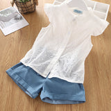 Summer Girls Clothes Sets Fashion Lapel Collar Lace Hollow White Blouses+ Shorts 2Pcs Toddler Kids Clothes