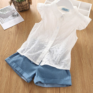 Summer Girls Clothes Sets Fashion Lapel Collar Lace Hollow White Blouses+ Shorts 2Pcs Toddler Kids Clothes