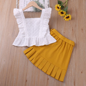 Girls Summer Set Short Sleeve Lace Hollow T-shirt + Solid Skirt 2pcs Casual Kids Clothes 2-6T