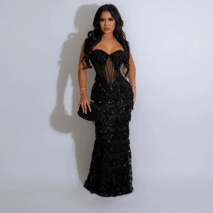 Women Sexy Spaghetti Strap Backless Bodycon Elegant Tassel Sequined Long Dress