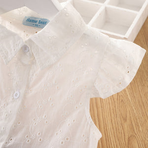 Summer Girls Clothes Sets Fashion Lapel Collar Lace Hollow White Blouses+ Shorts 2Pcs Toddler Kids Clothes