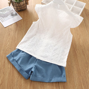 Summer Girls Clothes Sets Fashion Lapel Collar Lace Hollow White Blouses+ Shorts 2Pcs Toddler Kids Clothes