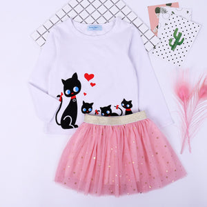 Girls Clothes Set Autumn Long Sleeve Cartoon T-Shirt + Mesh Yarn Skirt 2pcs Sweet Children Clothes