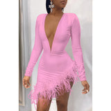 Women Sexy V-neck Dress Feather Stitching Evening Party Nightclub Wear Long Sleeve Spring Fall Lady Bodycon Outfits