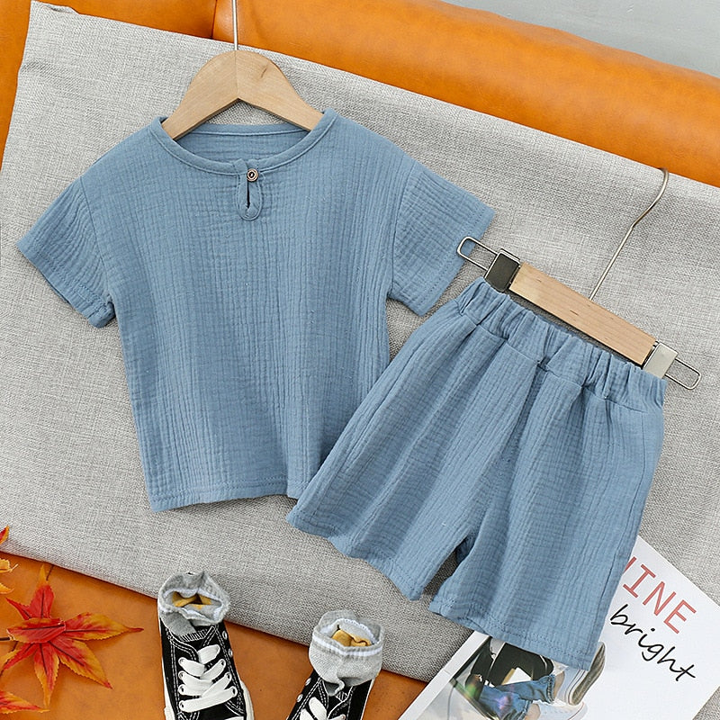 1-5Y Boys Girls Summer Sport Clothes Kids Solod Color Cotton Casual Crewneck Short Sleeve T-Shirt + Shorts Children