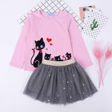 Girls Clothes Set Autumn Long Sleeve Cartoon T-Shirt + Mesh Yarn Skirt 2pcs Sweet Children Clothes