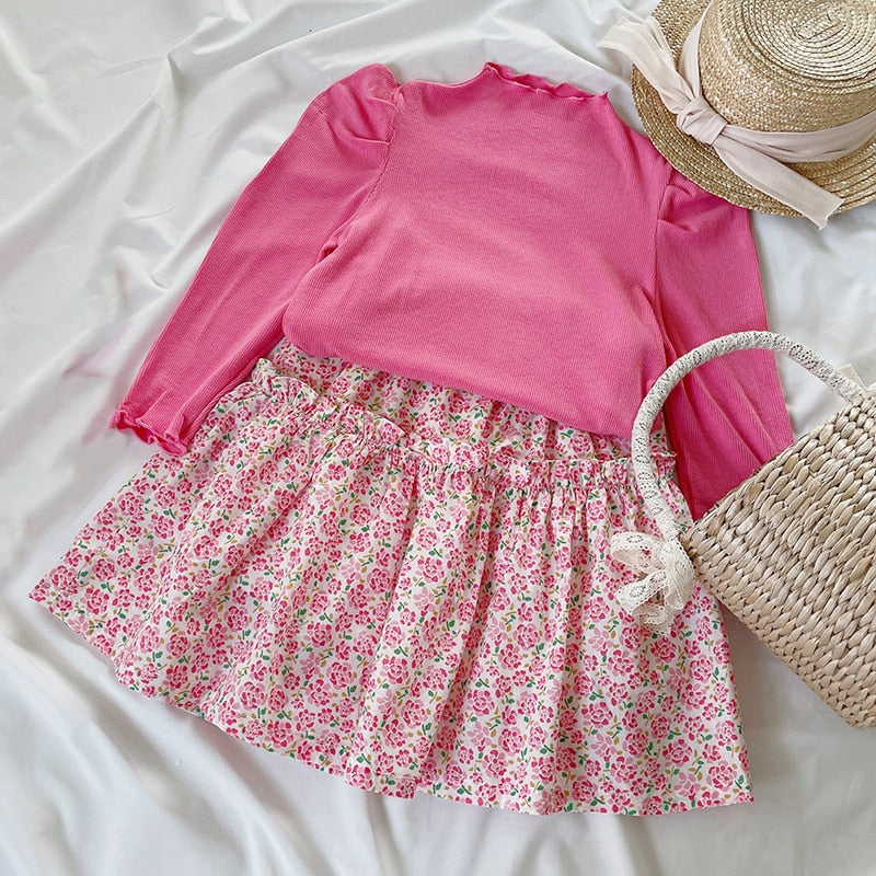 Girls Clothes Set Spring Autumn Long Sleeve Turtleneck neckTop+Floral Printed Skirt 2Pcs Sweet Kid Clothes 3-7Y
