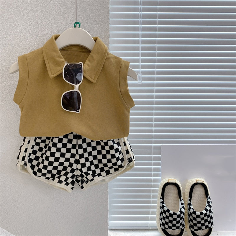 New Summer Sleeveless Shirt+Sports Plaid Shorts 2Pcs Boy Clothes Casual Sportswear Kid Clothes Girl