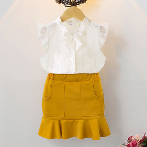 Girls Clothing Set Summer Sleeveless Hollow Lace Tops +Ruffle Skirt 2pcs Sweet Kids Clothes For 3-7Y