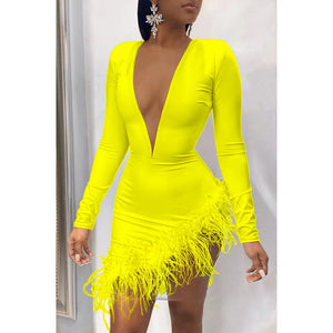 Women Sexy V-neck Dress Feather Stitching Evening Party Nightclub Wear Long Sleeve Spring Fall Lady Bodycon Outfits