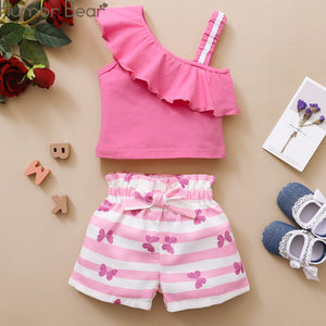 Girls Clothes Set Summer One-Shoulder Top +Striped Shorts 2Pcs Fashion Clothes