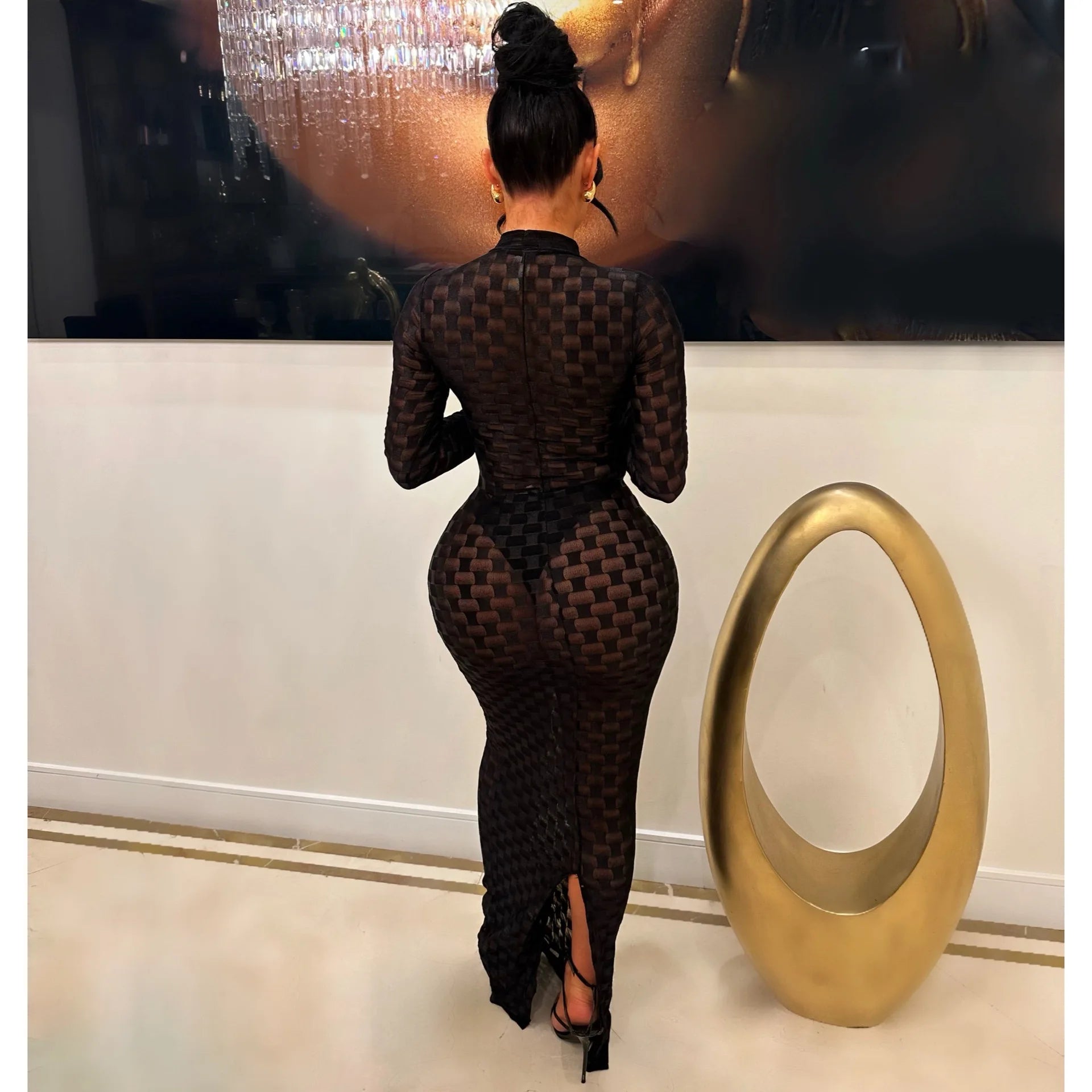 Women Elegant O Neck Long Sleeve Bodycon Sexy Sheer Mesh Grid Long Dress