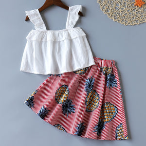 New Girls Clothing Set Summer Sleeveless T-shirt+Striped Fruit Skirt Kids Suit Toddler Cute Kids Clothes