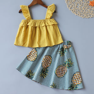 New Girls Clothing Set Summer Sleeveless T-shirt+Striped Fruit Skirt Kids Suit Toddler Cute Kids Clothes