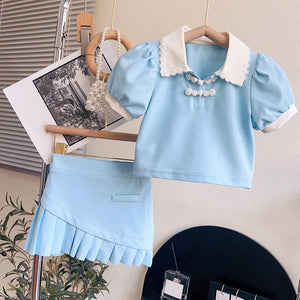 Kids Clothing Sets Kids Outfit Lapel Short Sleeve T-shirt + Stylish Skirt Two-piece Set Girl&#39;s Clothes Set For 2-7Y