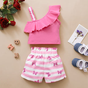 Girls Clothes Set Summer One-Shoulder Top +Striped Shorts 2Pcs Fashion Clothes