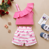 Girls Clothes Set Summer One-Shoulder Top +Striped Shorts 2Pcs Fashion Clothes