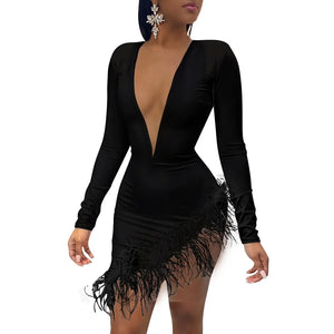 Women Sexy V-neck Dress Feather Stitching Evening Party Nightclub Wear Long Sleeve Spring Fall Lady Bodycon Outfits